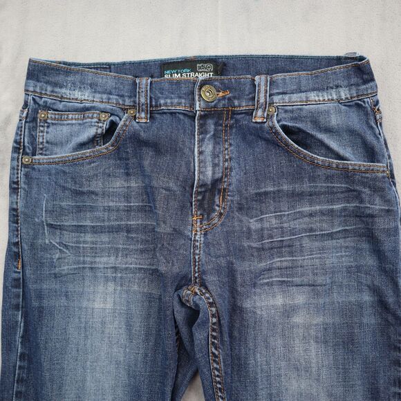 RS Pants Mens 32 Blue New York Slim Straight Mid Rise Zip Dark Wash Denim Jeans - Picture 11 of 16